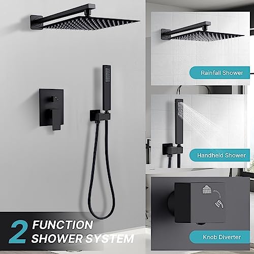 Système de douche encastré noir thermorégulable avec colonne douchante pluie 25x25cm et pommeau douchette, mitigeur douc