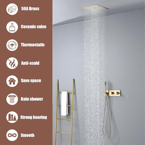 Colonne de douche thermostatique or brossé, moderne 16inch / 400mm, système de douche encastré pose au plafond (59A Lait